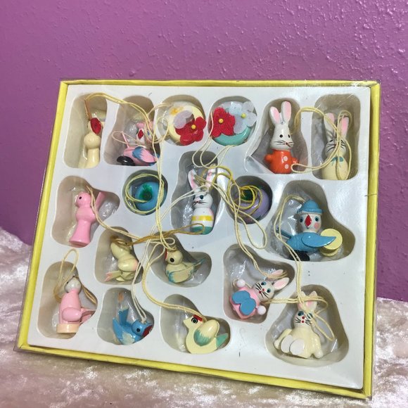 NEW Vintage Wood Easter Tree Ornaments Retro Rabbits Eggs Birds NWT Home Holiday - Picture 3 of 9
